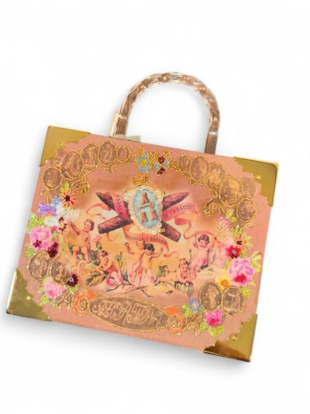 Vintage cigar box purse with beads and cherubs